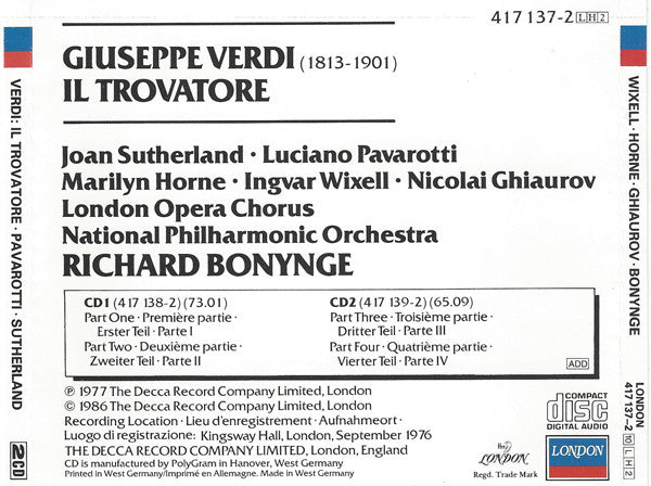 Giuseppe Verdi, Richard Bonynge, Joan Sutherland, Luciano Pavarotti, Marilyn Horne, Ingvar Wixell, Nicolai Ghiaurov, London Opera Chorus, National Philharmonic Orchestra : Il Trovatore (2xCD + Box)