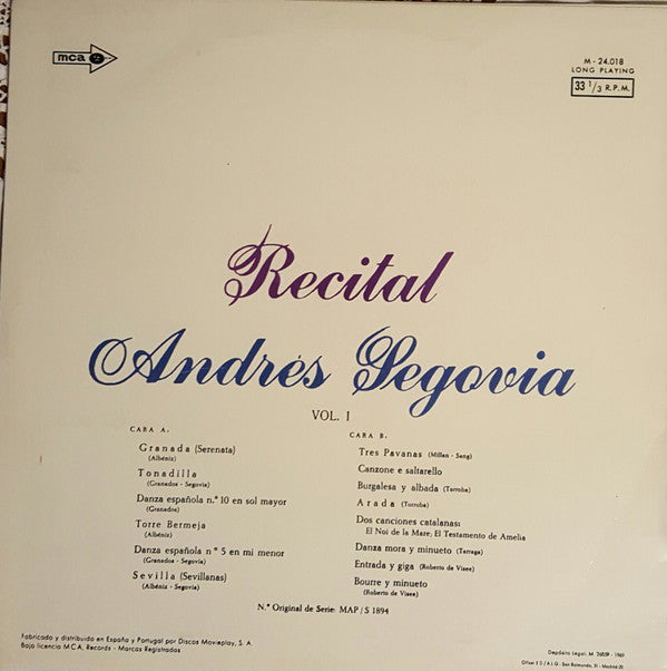 Andrés Segovia : Recital (LP, Album, Mono, RE)