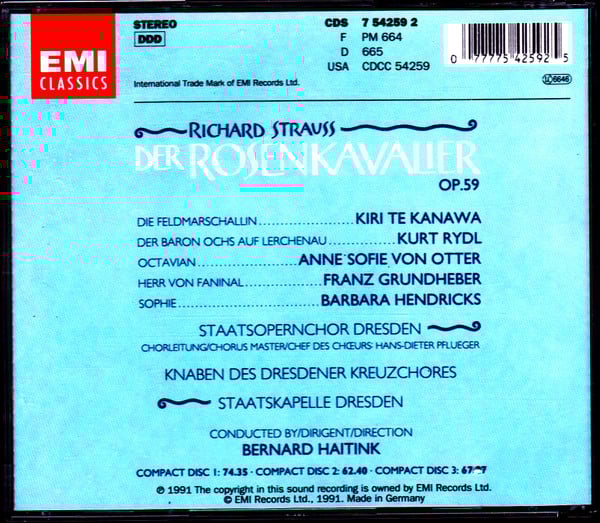 Richard Strauss - Kiri Te Kanawa · Anne Sofie Von Otter · Barbara Hendricks · Kurt Rydl · Richard Leech (2) · Franz Grundheber · Staatskapelle Dresden, Bernard Haitink : Der Rosenkavalier (3xCD, Album + Box, Sli)