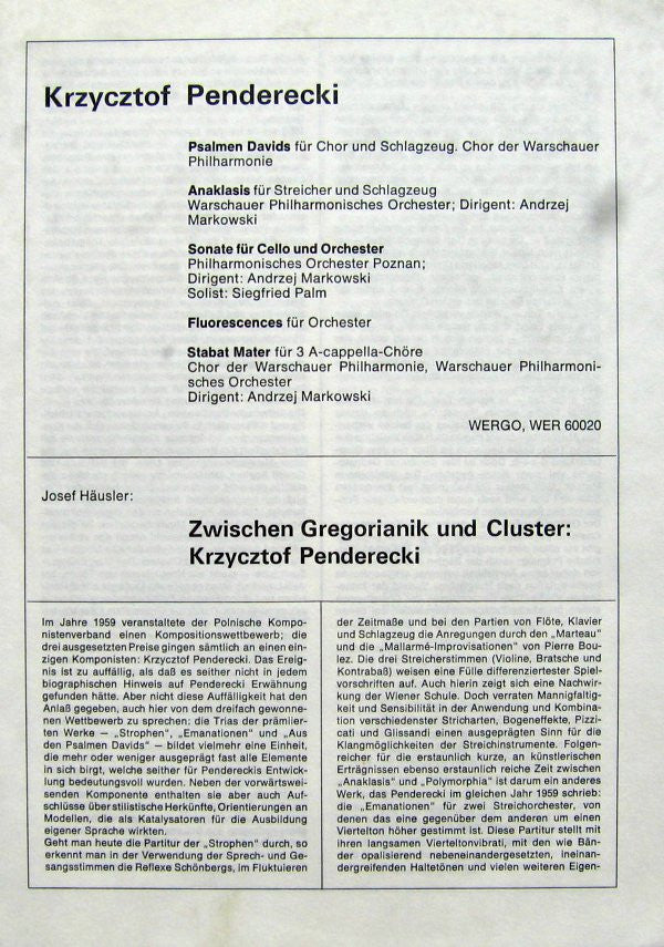 Krzysztof Penderecki :  Psalmen Davids ‧ Anaklasis ‧ Sonate Für Cello Und Orchester ‧ Fluorescences ‧ Stabat Mater (LP, Album)
