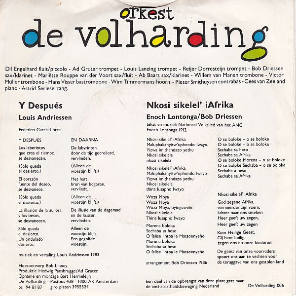 Orkest De Volharding : Y Despues (7", Single)