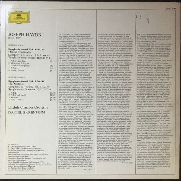 Joseph Haydn - English Chamber Orchestra, Daniel Barenboim : Symphonie Nr. 44 „Trauer” • Symphonie Nr. 49 „La Passione” (LP)