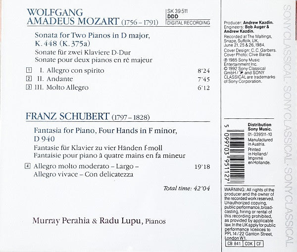 Wolfgang Amadeus Mozart / Franz Schubert, Murray Perahia, Radu Lupu : Sonata For 2 Pianos In D Major, K. 448 / Fantasia For Piano, 4 Hands In F Minor, Op.103, D 940 (CD, RE)