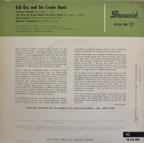 Kid Ory And His Creole Jazz Band : Muskrat Ramble • The Girls Go Crazy About The Way I Walk • High Society • Blanche Touquatoux (7", EP)