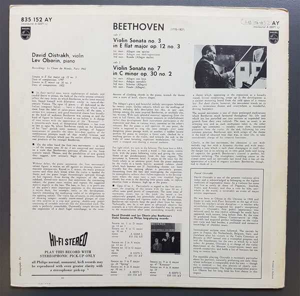 Ludwig van Beethoven - David Oistrach, Lev Oborin : Violin Sonatas III (No. 3 Op. 12 No. 3 - No. 7 Op. 30 No. 2) (LP)