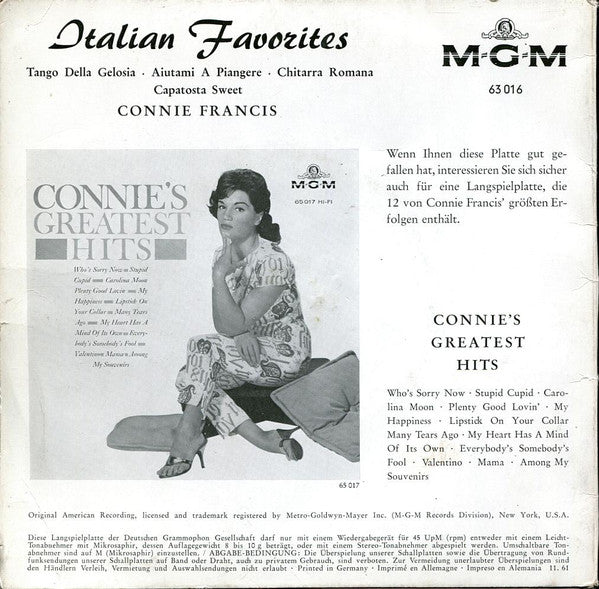 Connie Francis : Italian Favorites (7", Mono)