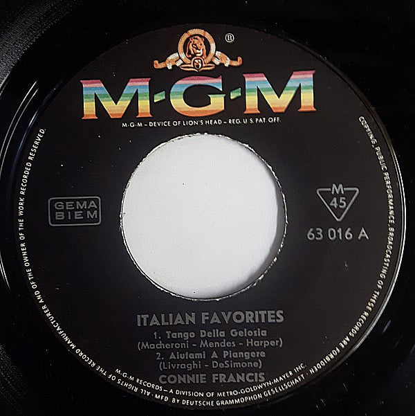 Connie Francis : Italian Favorites (7", Mono)