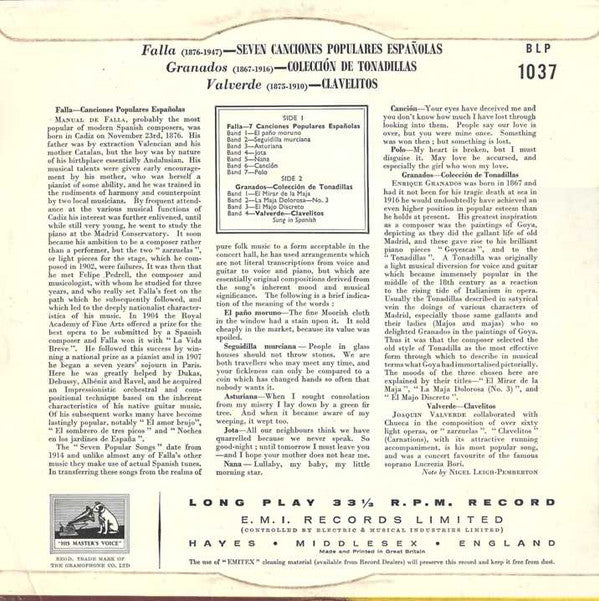 Manuel De Falla, Enrique Granados, Joaquín "Quinito" Valverde, Victoria De Los Angeles, Gerald Moore : Seven Popular Spanish Songs, Etc. (10", Mono)