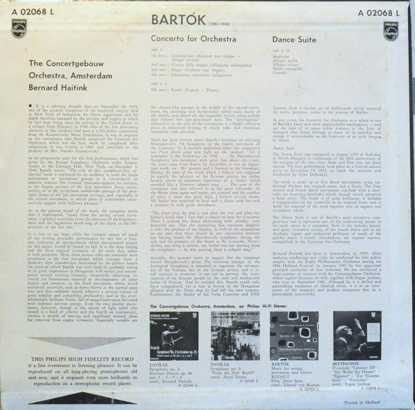 Béla Bartók - Concertgebouworkest, Bernard Haitink : Concerto For Orchestra / Dance Suite (LP, Album, Mono)