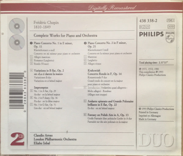 Frédéric Chopin, Claudio Arrau, London Philharmonic Orchestra, Eliahu Inbal : Complete Works For Piano And Orchestra (2xCD, Comp, RM)