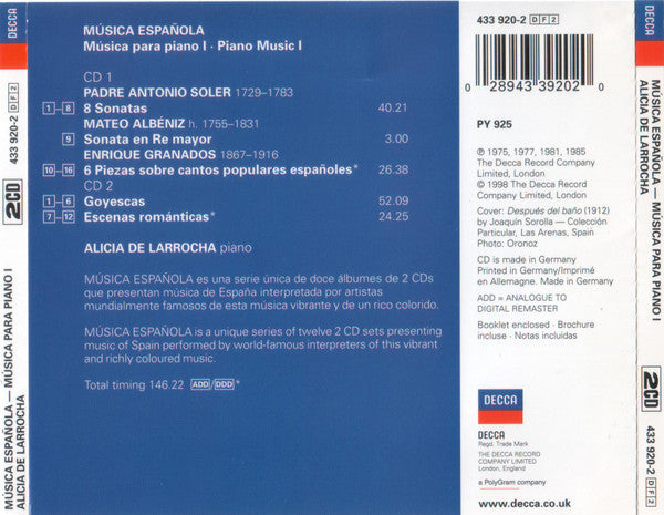 Enrique Granados, Padre Antonio Soler, Mateo Albéniz, Alicia De Larrocha : Música Española - Música Para Piano 1 - Alicia De Larrocha (2xCD, Comp, RE)