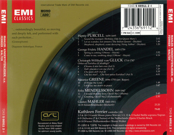 Gustav Mahler - Kathleen Ferrier, Bruno Walter : Kindertotenlieder (CD, Comp, Mono, RM)
