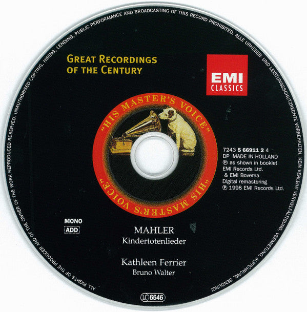 Gustav Mahler - Kathleen Ferrier, Bruno Walter : Kindertotenlieder (CD, Comp, Mono, RM)