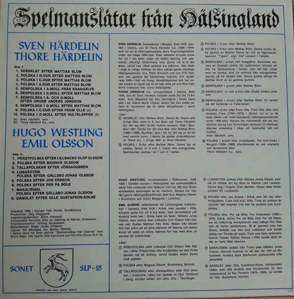 Sven Härdelin & Thore Härdelin, Hugo Westling, Emil Olsson (2) : Spelmanslåtar Från Hälsingland (LP, Album)