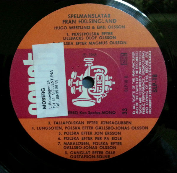 Sven Härdelin & Thore Härdelin, Hugo Westling, Emil Olsson (2) : Spelmanslåtar Från Hälsingland (LP, Album)