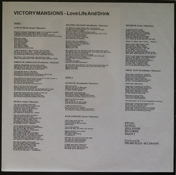 Victory Mansions : Love Life And Drink (LP, Album)