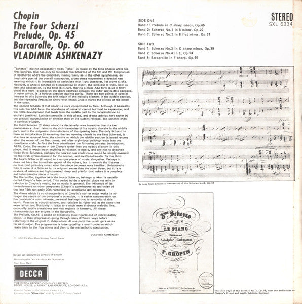 Chopin*, Ashkenazy* : The 4 Scherzi / Prelude Op.45 / Barcarolle Op.60 (LP, RE, ED4)