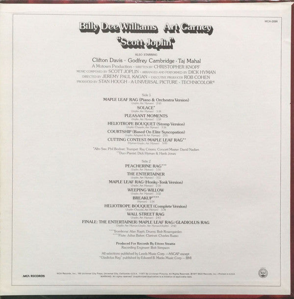 Dick Hyman : Scott Joplin - Original Motion Picture Soundtrack (LP, Album, RE)