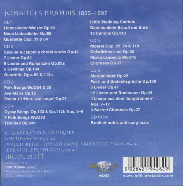 Johannes Brahms, Chamber Choir of Europe, Nicol Matt : Choral Works (6xCD + CD-ROM + Box)