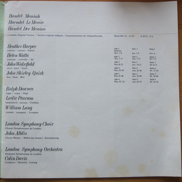 Heather Harper, Helen Watts, John Wakefield, John Shirley-Quirk, London Symphony Orchestra And London Symphony Chorus, Sir Colin Davis : Der Messias (3xLP + Box, Mono)