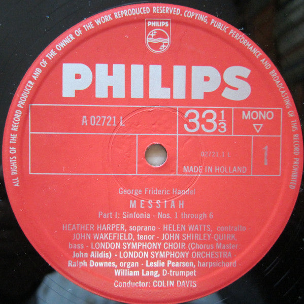 Heather Harper, Helen Watts, John Wakefield, John Shirley-Quirk, London Symphony Orchestra And London Symphony Chorus, Sir Colin Davis : Der Messias (3xLP + Box, Mono)