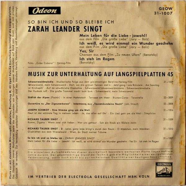 Zarah Leander : So Bin Ich Und So Bleibe Ich (7", EP, Mono)