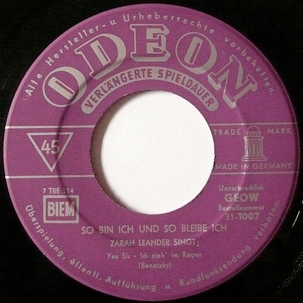 Zarah Leander : So Bin Ich Und So Bleibe Ich (7", EP, Mono)