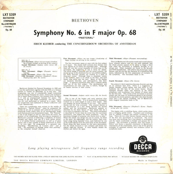 Ludwig van Beethoven - Erich Kleiber, Concertgebouworkest : Symphony No. 6 "Pastoral" (LP, Mono, RE)