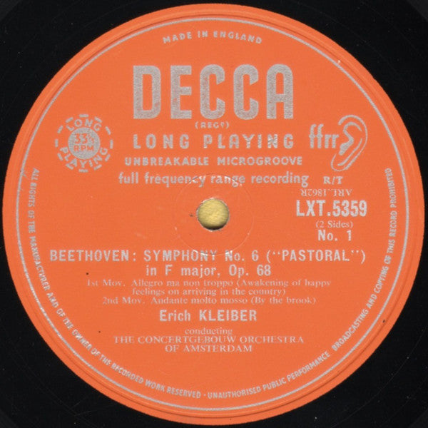 Ludwig van Beethoven - Erich Kleiber, Concertgebouworkest : Symphony No. 6 "Pastoral" (LP, Mono, RE)