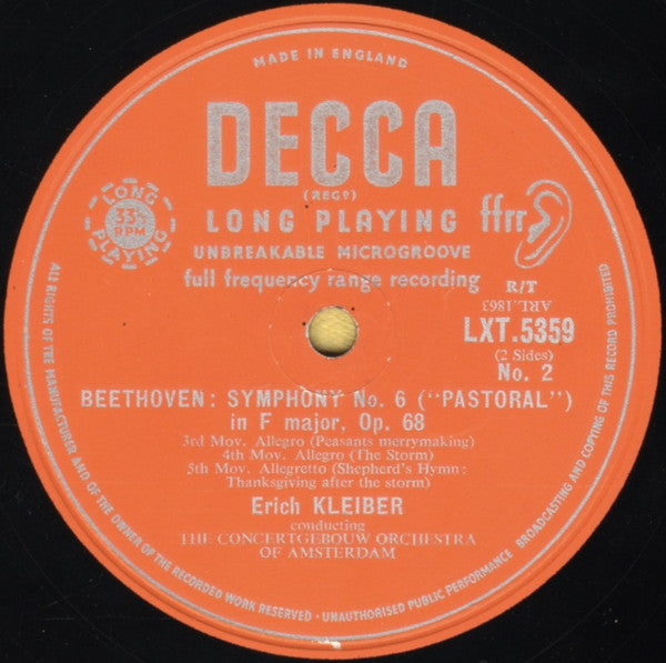 Ludwig van Beethoven - Erich Kleiber, Concertgebouworkest : Symphony No. 6 "Pastoral" (LP, Mono, RE)