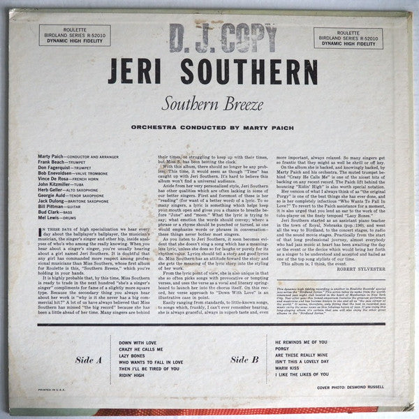 Jeri Southern : Southern Breeze (LP, Album, Mono)