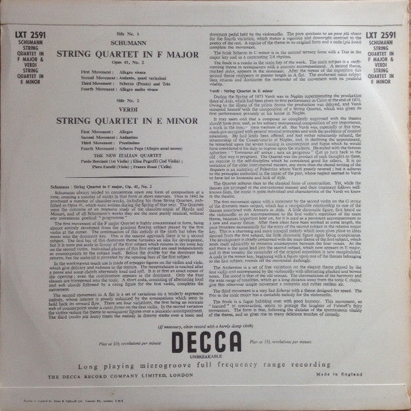 Robert Schumann / Giuseppe Verdi - Quartetto Italiano : String Quartet In F Major / String Quartet In E Minor (LP, Mono)