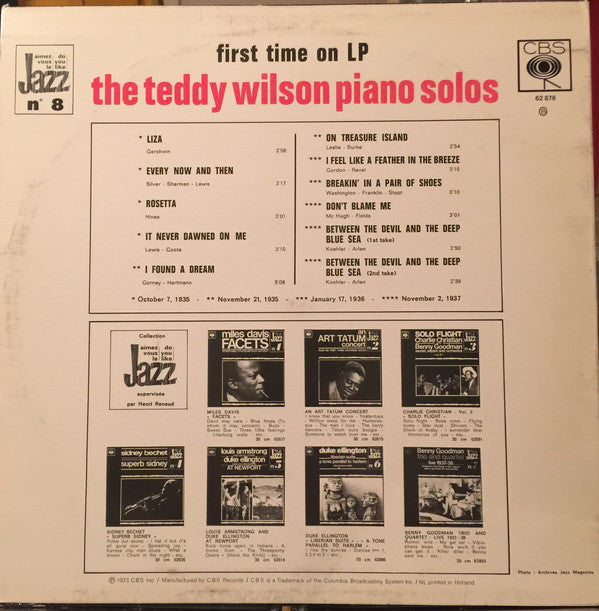 Teddy Wilson : The Teddy Wilson Piano Solos (LP, Album, Comp)