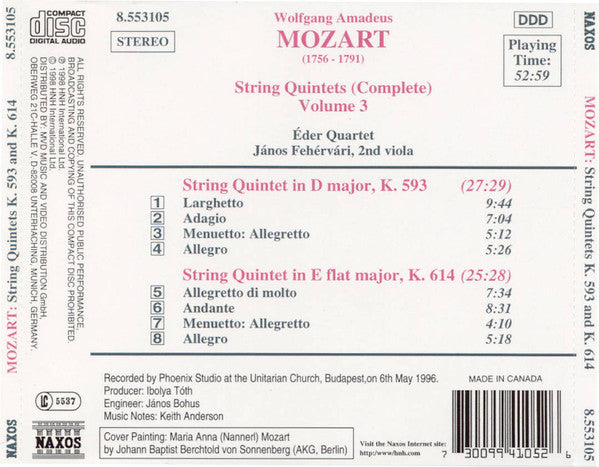Wolfgang Amadeus Mozart - Éder Quartet, János Fejérvári : String Quintets (Complete) Volume 3 - K. 593 • K. 614 (CD, Album)