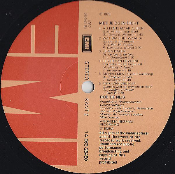 Rob de Nijs : Met Je Ogen Dicht (LP, Album, Gat)