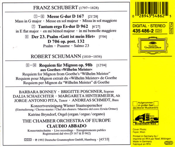 Franz Schubert / Robert Schumann - Barbara Bonney, The Chamber Orchestra Of Europe, Claudio Abbado : Schubert: Mass in G Major, Schumann: Requiem For Mignon  (CD, Album)