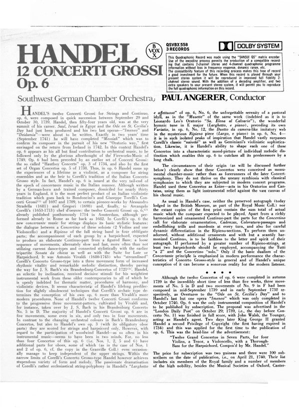 Georg Friedrich Händel - Südwestdeutsches Kammerorchester Conductor Paul Angerer : 12 Concerti Grossi, Op. 6 (3xLP, Quad + Box)