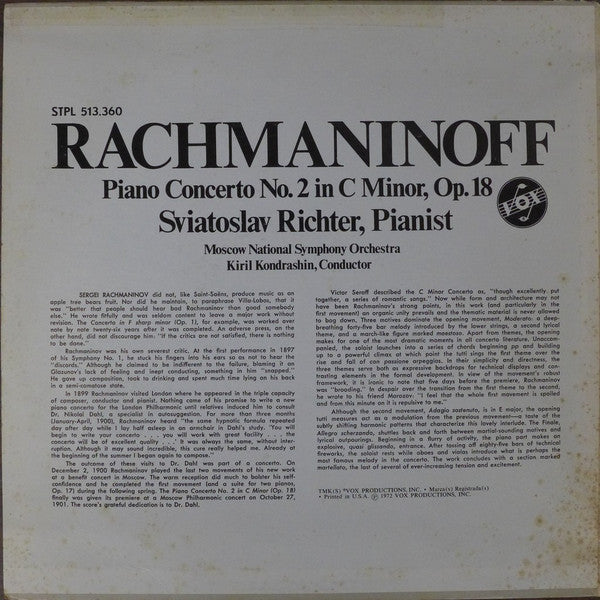 Sergei Vasilyevich Rachmaninoff, Sviatoslav Richter, Moscow State Symphony Orchestra, Kiril Kondrashin : Piano Concerto No. 2 In C Minor, Op. 18 (LP, Album)