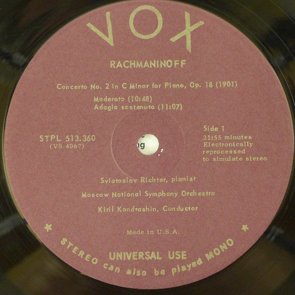 Sergei Vasilyevich Rachmaninoff, Sviatoslav Richter, Moscow State Symphony Orchestra, Kiril Kondrashin : Piano Concerto No. 2 In C Minor, Op. 18 (LP, Album)