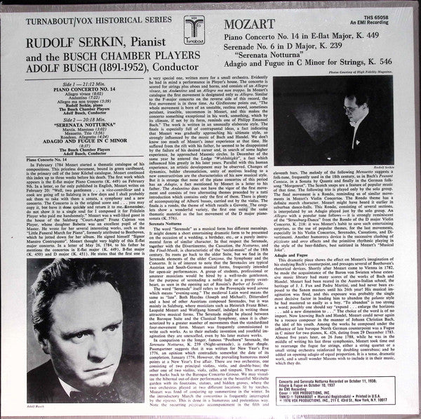 Rudolf Serkin, Adolf Busch, Busch Chamber Players : Mozart: Piano Concerto No. 14/Serenata Notturna/Adagio and Fugue for Strings (LP)