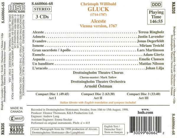 Christoph Willibald Gluck, Teresa Ringholz, Justin Lavender, Jonas Degerfeldt, Miriam Treichl, Lars Martinsson (3), Drottningholm Theatre Chorus And Drottningholm Theatre Orchestra, Arnold Östman : Alceste (3xCD, Album)