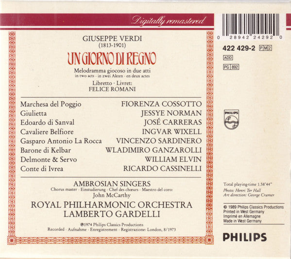 Giuseppe Verdi - Jessye Norman, Fiorenza Cossotto, José Carreras, Ingvar Wixell, The Ambrosian Singers, Royal Philharmonic Orchestra, Lamberto Gardelli : Un Giorno Di Regno (2xCD, Album, RE, RM + Box, Sli)