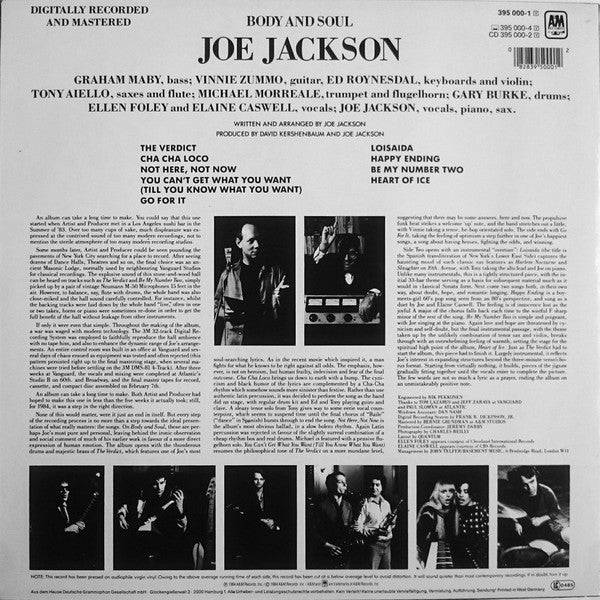 Joe Jackson : Body And Soul (LP, Album, RE)