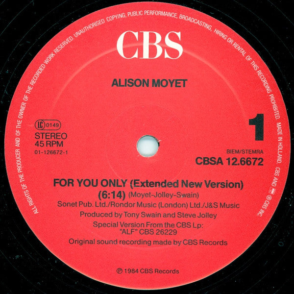 Alison Moyet : For You Only (Extended New Version) (12", Maxi)