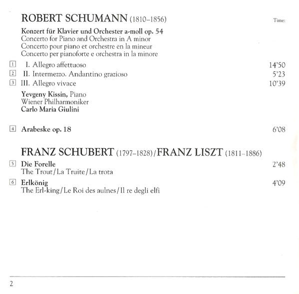 Robert Schumann, Yevgeny Kissin, Wiener Philharmoniker, Carlo Maria Giulini : Piano Concerto (CD)