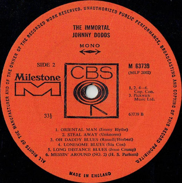 Johnny Dodds : The Immortal Johnny Dodds (LP, Album, Comp, Mono, RE, RM)