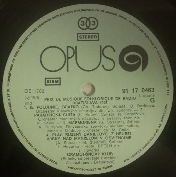 Various : Prix De Musique Folklorique De Radio Bratislava 1975 (LP, Club)