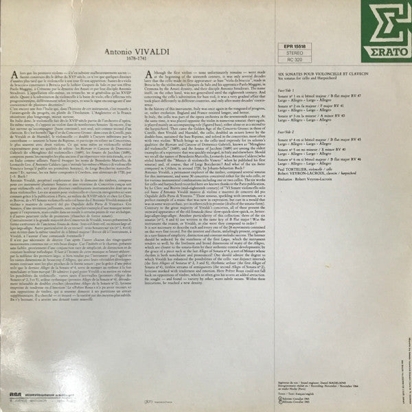 Antonio Vivaldi – Paul Tortelier, Robert Veyron-Lacroix : Sonates Pour Violoncelle & Clavecin (LP, RE)