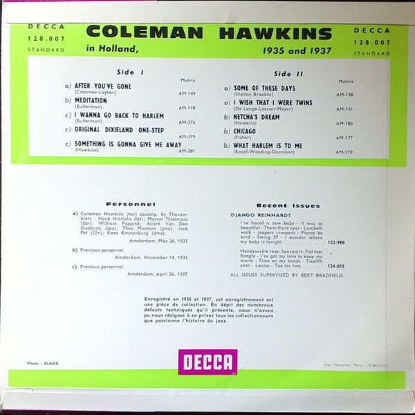 Coleman Hawkins Accompanied By  The Ramblers : In Holland, 1935 And 1937 (10", Comp, Mono)