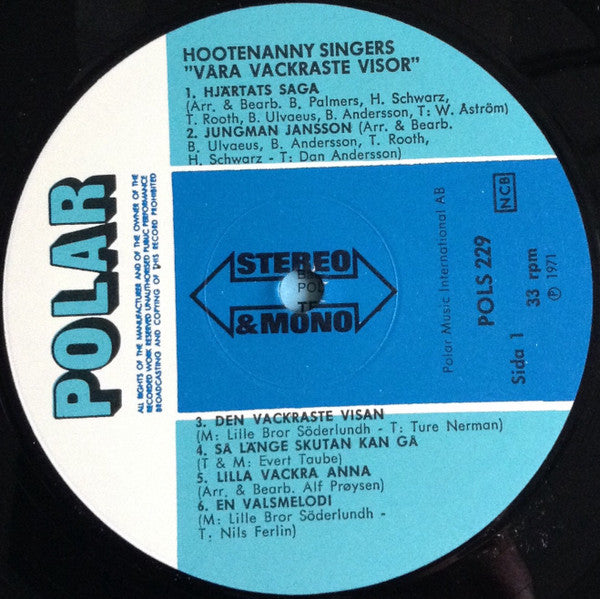 Hootenanny Singers : Våra Vackraste Visor (LP, Album, RE)